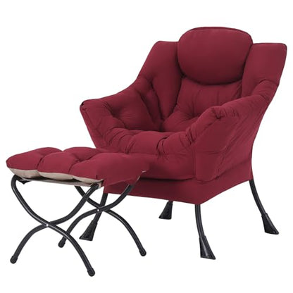 Tiita Lazy Chair with Ottoman, Comfy Reading Accent Chair, Burgundy | Foldable Footrest, Padded Seat and Backrest, Side Pocket for Lounging in Living Rooms, Bedrooms, Dorms and Small Spaces - color: Burgundy