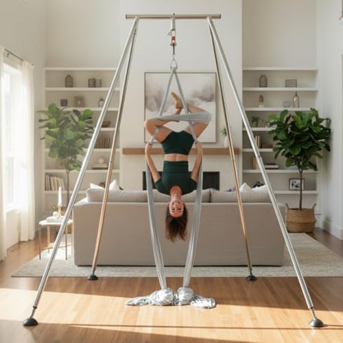 Aerial Rig, Aerial Yoga Stand, 10 FT Frame, 13 YD Fabric, 550 LB Capacity - color: SILK ONLY / Silver