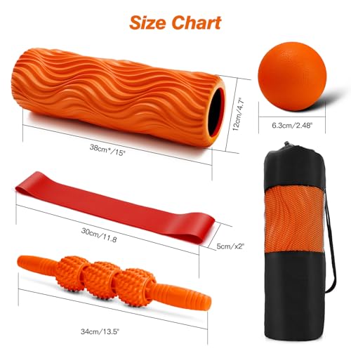 5 in 1 Foam Roller Set - Trigger Point Foam Back Roller, Muscle Roller Stick, Massage Ball, Stretching Band for Deep Muscle Massage Pilates Yoga,Fitness Exercise for Whole Body Release (Orange)