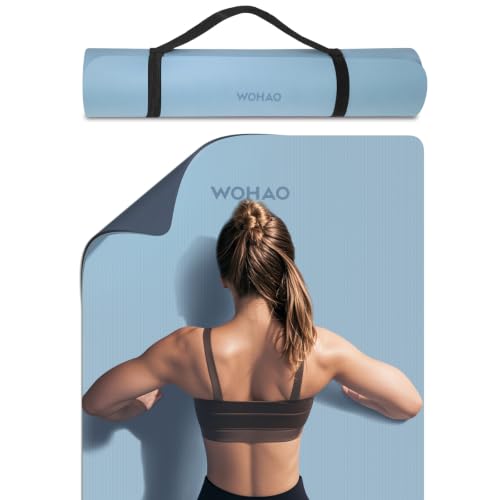 8mm Thick Yoga Mat Non Slip for Women Men | 72"x28" mat for gym, pilates, studio. POE, reversible, non-slip, tear-proof, odorless, easy-clean, strap. - color: Blue-gray+Navy blue