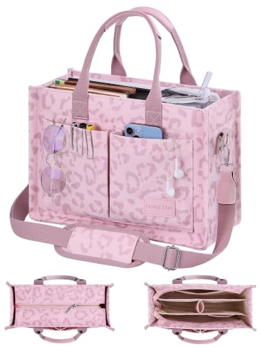 FIORETTO Canvas Tote Bag for Women with Zipper Closure & Individual Compartments for Work College for Teacher & Nurse - color: Leopard Blush, size: Large