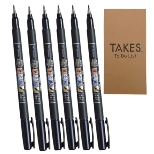 Fudenosuke Brush Pen Black x6-pen pack, with Takes To Do List Notepad - Calligraphy Pens for Writing and Art Drawings (6x Soft Tip) - style: 6x Soft Tip