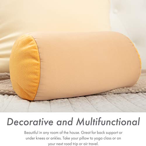 Microbead Bolster Neck Roll Pillow, 14x8 in Cylinder Tube, Barely Beige | Silky feel fabric helps prevent wrinkles & hair breakage; feather-light beads gently cushion head & shoulders as you rest - color: Barely Beige