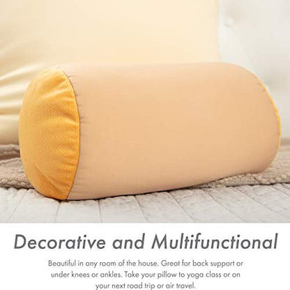 Microbead Bolster Neck Roll Pillow, 14x8 in Cylinder Tube, Barely Beige | Silky feel fabric helps prevent wrinkles & hair breakage; feather-light beads gently cushion head & shoulders as you rest - color: Barely Beige
