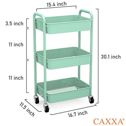 CAXXA 3-Tier Rolling Metal Storage Organizer - Mobile Utility Cart, Kitchen Cart with Caster Wheels (Aqua Green)