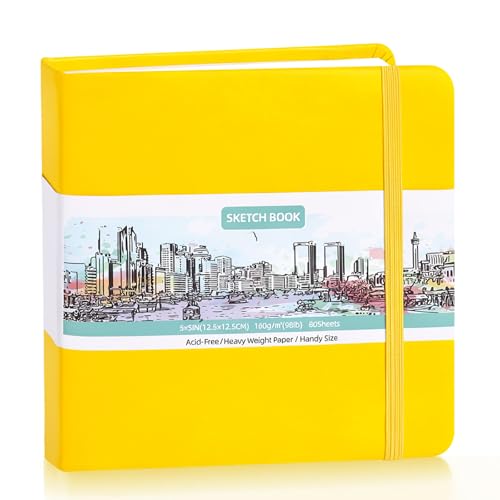 Hardcover Pocket Sketchbook, 5" × 5", 80 Sheets Small Sketch Book, Yellow | 160gsm Acid-Free Paper, Elastic Closure, Ribbon Bookmark, Portable Mini Size for Travel Sketching - color: Yellow