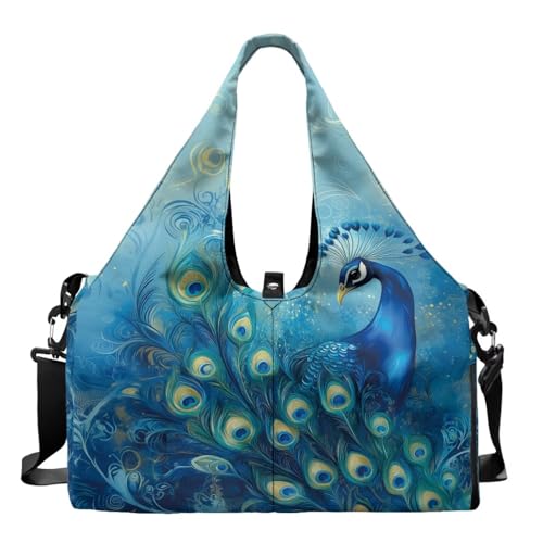 Yoga Mat Bag for Men Women Canvas Yoga Mat Carrier Take In Out Mat Easily for Beach Swim Bags Pool Sports Gym - color: Blue Peacock