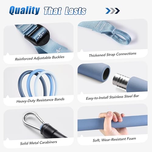 Upgraded Pilates Bar Kit with Resistance Bands Natural Latex for Women & Men, Heavy-Duty Stainless Steel Multifunctional Yoga Pilates Stick for Home Gym Exercise Fitness Equipment Full-Body Workouts - color: Muted Blue
