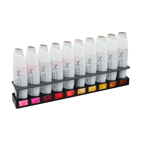 Artfinity Alcohol Ink Retrograde Set of 10 Colors (25 ml) with Free Acrylic Stand - for Painting or Alcohol Marker Refill Ink, Acid-Free, Fast-Drying, Permanent, Transparent, Swatch Template - color: Retrograde