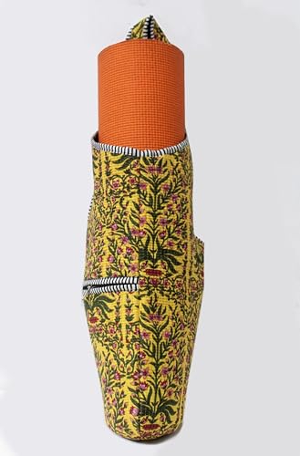 INDIAN CRAFT CASTLE Yoga Mat Bag | Tote Mat Bag | Sling Yoga Tote w/Large Side Pocket & Zipper Pocket | Yoga Mat Carrier Fits Most Size Mats - color: Green Yellow