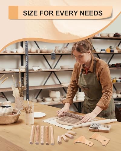 6" Wooden Clay Texture Roller Set with Stamp Rollers & Rib Tools, 11PCS | Crafted From Premium Beech Wood For Polymer Clay, Pottery, Ceramic Crafts With Deep Geometric & Floral Patterns - size: 5+4+2