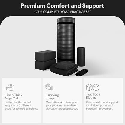 BalanceFrom 7-Piece Yoga Set with 71x24x1 Inches Extra Thick Mat and Carrying Sling – Includes 2 Blocks, Stretch Strap, 2 Towels, and Knee Pad for Home, Studio, and Gym Workouts - color: Black