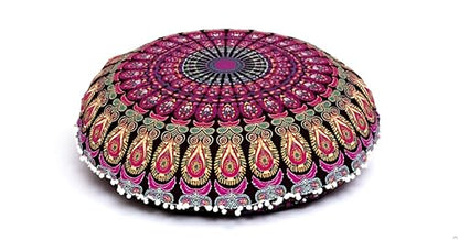 CRAFT KALA 32" Large Round Bohemian Floor Pillow Cover Boho Pouf Cover Mandala Meditation Room Pillows Cover Adults Seating Poufs Cushion Cover for Kids Reading Playroom Pink Yellow Mirchi - color: Pink Yellow Mirchi