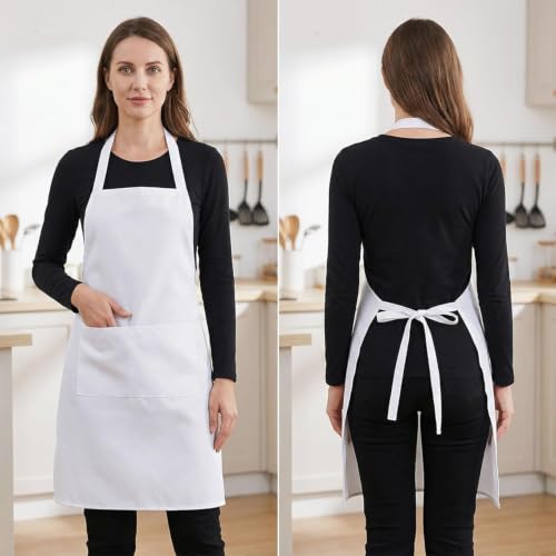 Fengek 8 Pcs Bib Apron for Unisex Colorful Kitchen Apron Bulk with 2 Roomy Pockets for Kitchen BBQ Painting Baking (White) - color: White