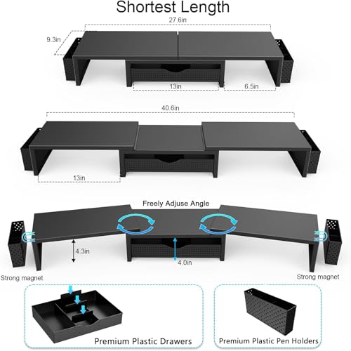 gianotter Dual Monitor Stand Riser With Drawer and 2 Pen Holders - color: Black