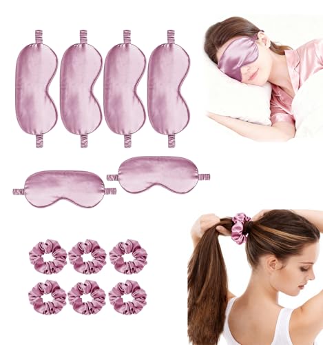 12Pcs Silk Sleep Masks Satin Eye Mask Silky Eyes Cover Blindfold Eyeshade Hair Ties Scrunchy Travel Bridesmaids Gifts - color: Mauve