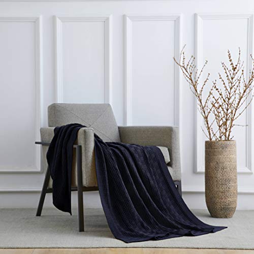 Longhui bedding Large 100% Cotton Navy Blue Cable Knit Throw Blanket for Couch Sofa Bed with Bonus Laundering Bag – 60 x 80 Inches, 3.4 LB, Dark Navy, Machine Washable - color: Navy Blue, Stripe Pattern, size: 60"x80"