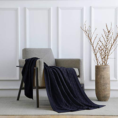 Longhui bedding Large 100% Cotton Navy Blue Cable Knit Throw Blanket for Couch Sofa Bed with Bonus Laundering Bag – 60 x 80 Inches, 3.4 LB, Dark Navy, Machine Washable - color: Navy Blue, Stripe Pattern, size: 60"x80"