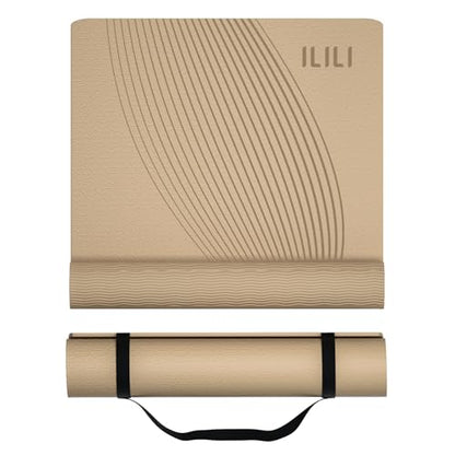 ILILI Exercise Mat 72''x25''×0.3''(8MM) | Compact Eco Friendly TPE Yoga Mat for Pilates & Fitness, Tear Resistant with Carry Strap for Home Gym Studio Stretching - color: Beige