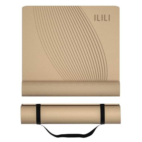 ILILI Exercise Mat 72''x25''×0.3''(8MM) | Compact Eco Friendly TPE Yoga Mat for Pilates & Fitness, Tear Resistant with Carry Strap for Home Gym Studio Stretching - color: Beige
