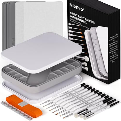 Nicpro Miniature Painting Kit with Wet Palette, Detail Paint Brush Drybrush | 11PCS Detail Paint Brushes Drybrush, 100PCS Wet Pallet Paper, 4PCS Sponge, Brush Holder, For Miniature Model Painting - color: White