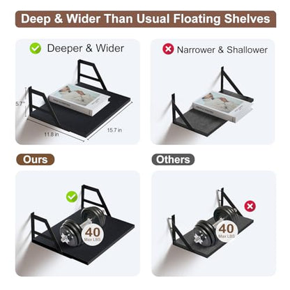 Tectocker-DOU 2 Pc Deep Floating Wall Shelves, Heavy Duty, 15.7×11.8, Black - color: Black, size: 15.7W×11.8D