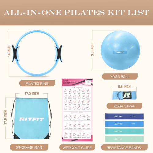 RitFit Pilates Ring 14 Inch Magic Fitness Circle for Inner Thigh Toning | Bonus Workout Guide & Storage Bag Included, Lightweight & Portable, Pilates Yoga Full Body Toning - style: Blue Kit