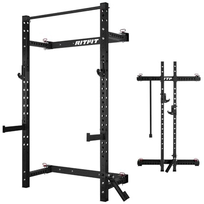 RitFit 2.36'' x 2.36'' Folding Squat Rack for Home Gym, Wall Mounted Squat Rack with Attachments - Space Saving Squat Power Rack - color: Black, style: Folding Squat Rack with Safebar