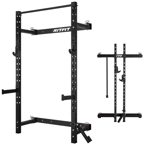 RitFit 2.36'' x 2.36'' Folding Squat Rack for Home Gym, Wall Mounted Squat Rack with Attachments - Space Saving Squat Power Rack - color: Black, style: Folding Squat Rack with Safebar