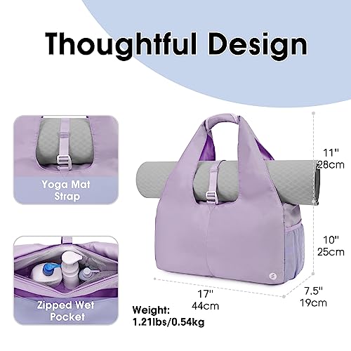 Sportsnew Tote Yoga Mat Gym Bag 20L Women W/Shoe Compartment Wet Dry Pocket | Water-Resistant Gym Tote - Mat Strap, Ventilated Shoe Bin, Wet Pocket, Padded Handle, Multi Pockets, Side Mesh & Key Clip - color: Purple