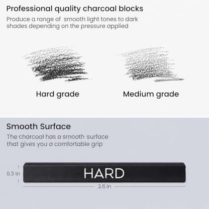 ARTEZA Compressed Charcoal Sticks Set of 16 – Medium and Hard Drawing Crayons for Sketching, Shading, Line Work in Charcoal Art and Figure Drawing