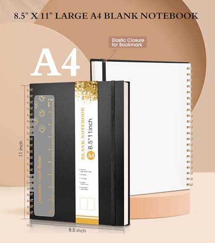 Blank Spiral Notebook Journal 8.5” x 11”, A4 Large Sketch Book for Women Men, 100 GSM Blank Paper Drawing Notebook, Plastic Hardcover Spiral Bound Sketchbook for Sketching Work School Writing, Black - color: Black, size: Plain
