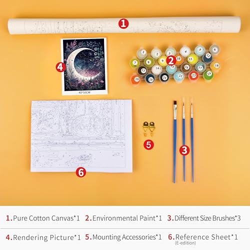 TUMOVO Moon Floral DIY Paint by Numbers Kit for Adults Arts Craft on Canvas | Moon 16x20 inch canvas kit with acrylic paints and 3 brushes, stress-relief painting kit for a calming hobby. - color: Moon