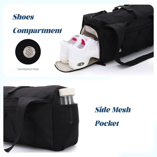 Oweisong Gym Bag for Women Sports Duffel Bag Lightweight Yoga Tote Travel Carry On Handbag with Shoes Compartment - color: Black