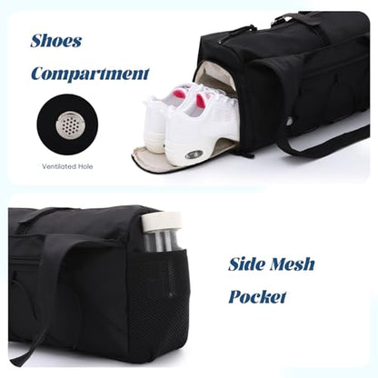 Oweisong Gym Bag for Women Sports Duffel Bag Lightweight Yoga Tote Travel Carry On Handbag with Shoes Compartment - color: Black
