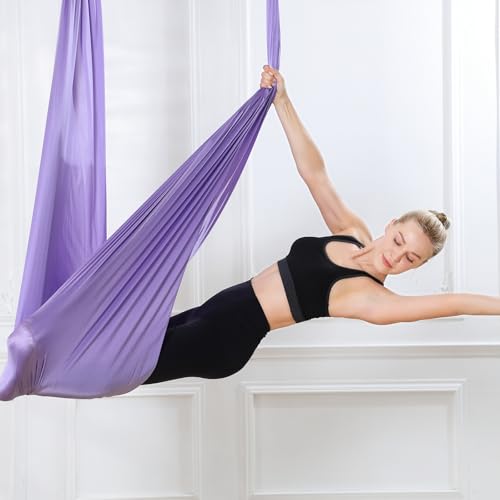 Aerial Silks Yoga Swing Set, Fitness Aerial Yoga Kit | Anti-Gravity Flight Aerial Yoga Hammock Kit; Low/Non Stretch Nylon Tricot Fabric; For Fitness & Dance; Hardware Included - color: 9Yards-Lilac