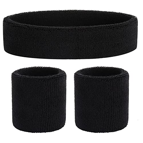 ONUPGO Sweatband Set Sports Headband Wristband Set Sweatbands Terry Cloth Wristband Wrist Sweatband Headbands Moisture Wicking Sweat Absorbing Head Band - color: Black