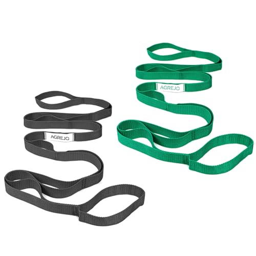 AGREJO Stretching Strap Yoga Strap Physical Therapy for Home Workout, 10 Loops Non-Elastic Stretch Band for Pilates, Flexibility, Exercise and Gymnastics - color: 2-Pack Black/Green