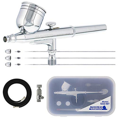 Master Airbrush G222 Multi-Purpose Dual-Action Gravity Feed Airbrush Gun Set for Model Painting, Graphics, Cake & Art - Air Brush Gun Kit with 3 Nozzle Sets (0.2, 0.3, 0.5mm), 1/3 oz Cup & Air Hose