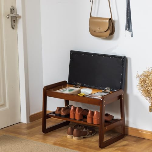 SOBIBO Solid Wood Shoe Rack Bench with Flip-Top Storage, Black, 21.65" | Mid-Century Modern, Flip-top Hidden Storage, Faux Leather Cushion, 450lb Capacity, Ideal for Entryway, Hallway, Bedroom - color: Black(flip‑top), size: 21.65 inches