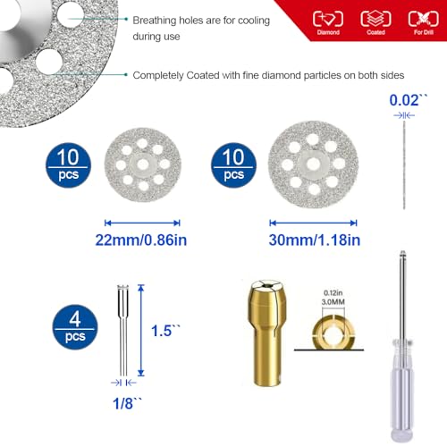 Cutting Wheel Set Compatible with Rotary Tool with 1/8" Shank, 545 Diamond Cut-Off Wheel 20 pcs, HSS Saw Blade 6pcs, Fiberglass Cutting Wheel 10pcs, Resin Cutting Discs 10pcs,1 Screwdriver,1 Collet