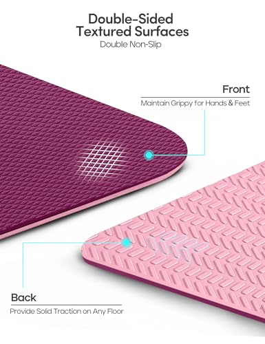 Heathyoga Yoga Mat Non Slip TPE Pilates Exercise Mats for Home Workout Gym Fitness Eco Friendly Thick Hot Yoga Mat with Strap Body Alignment,72"x 26" Thickness 1/4" - color: Deep Purple