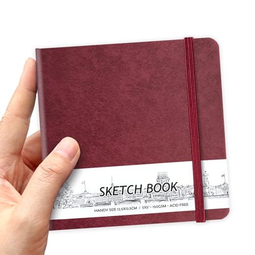 5" x 5" Hardcover Sketch Book,58 Sheets Small Mixed Media Pocket Sketch Pad | PU Cover,150 GSM Acid Free Artist Drawing Paper,Travel Journal Blank Notebook for Adults Sketching,Illustration. - color: 150gsm PU-wine red
