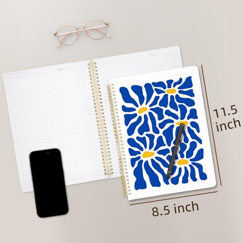 Cute Spiral Notebook journal A4 Aesthetic Pretty Design for Women Girls Kawaii with Pocket, 8.5 x 11 inch, Lined, Blue Flower - color: Blue Flower, style: Lined
