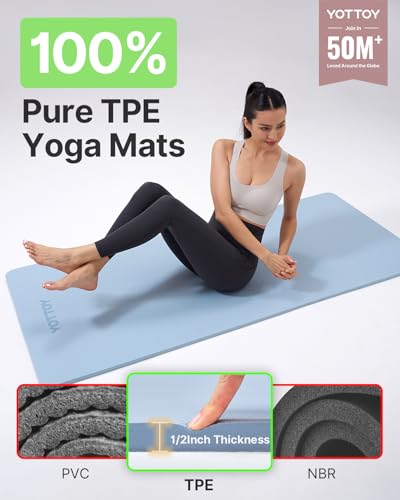 YOTTOY Yoga Mat，Extra Thick Yoga Mat (1/2inch),Professional TPE Exercise Mat,Non-Slip Workout Mat for Yoga, Pilates, Fitness, Barefoot Workouts, Home Gym Studio with Strap - color: Blue, size: 72*24*1/2inch
