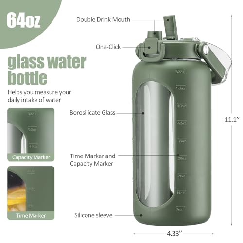 BLUEGO 64oz Glass Water Bottle with Handle and Straw, Motivational Sports Water Bottle with Time Marker and Silicone Sleeve Leakproof Drinking Bottle for Travel Gym Workout, Olive - color: Olive, size: 64 Ounces