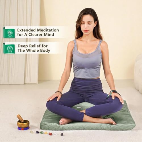 Hihealer Meditation Cushion, Traditional Tibetan Velvet Meditation Pillow | Buckwheat Yoga Bolster, Large Floor Cushion & Pillow for Adults, Zafu Zabuton Set, Zen Meditation Mat - color: Serenity Green(set)