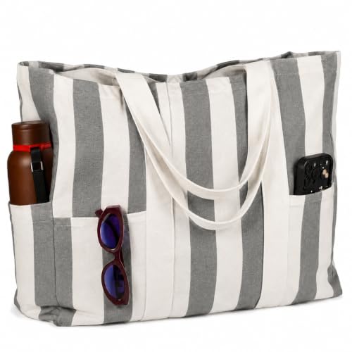 Folkulture Beach Tote Bags For Women, Beach Must Haves 2026-18x15 Inch | Waterproof,Sandproof, Large Tote Bags for Women, Swimming Pool, Beach Essentials, Simple Modern Pool Bag, Bolsos Para Mujeres - color: Charcoal - Stripes