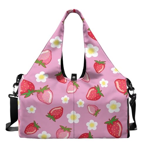 Strawberry Gym Bags for Women Waterproof Yoga Mat Bag with Double Zipper Sports Bag with Adjustable Strap, Pink Sports Bags for Cheer Team Ballet Class School - color: Pink Strawberry