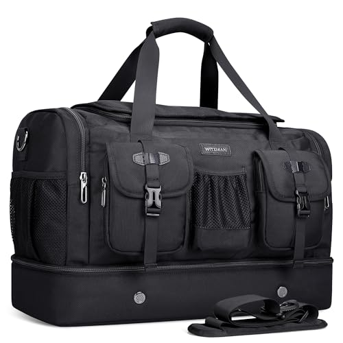 WITZMAN Duffle Bag for Men 55L Nylon Travel Weekender with Shoe Compartment - color: Black